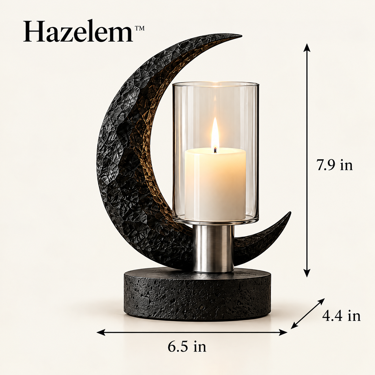 Hazelem™ Obsidian Eclipse – Sculptural Obsidian Stone Candle Holder with Glass Hurricane and Black Basalt Base
