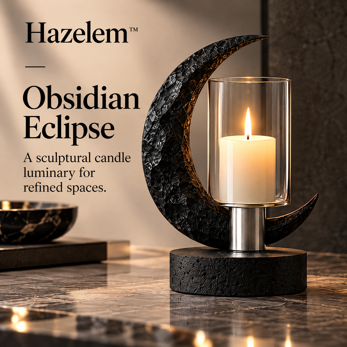 Hazelem™ Obsidian Eclipse – Sculptural Obsidian Stone Candle Holder with Glass Hurricane and Black Basalt Base