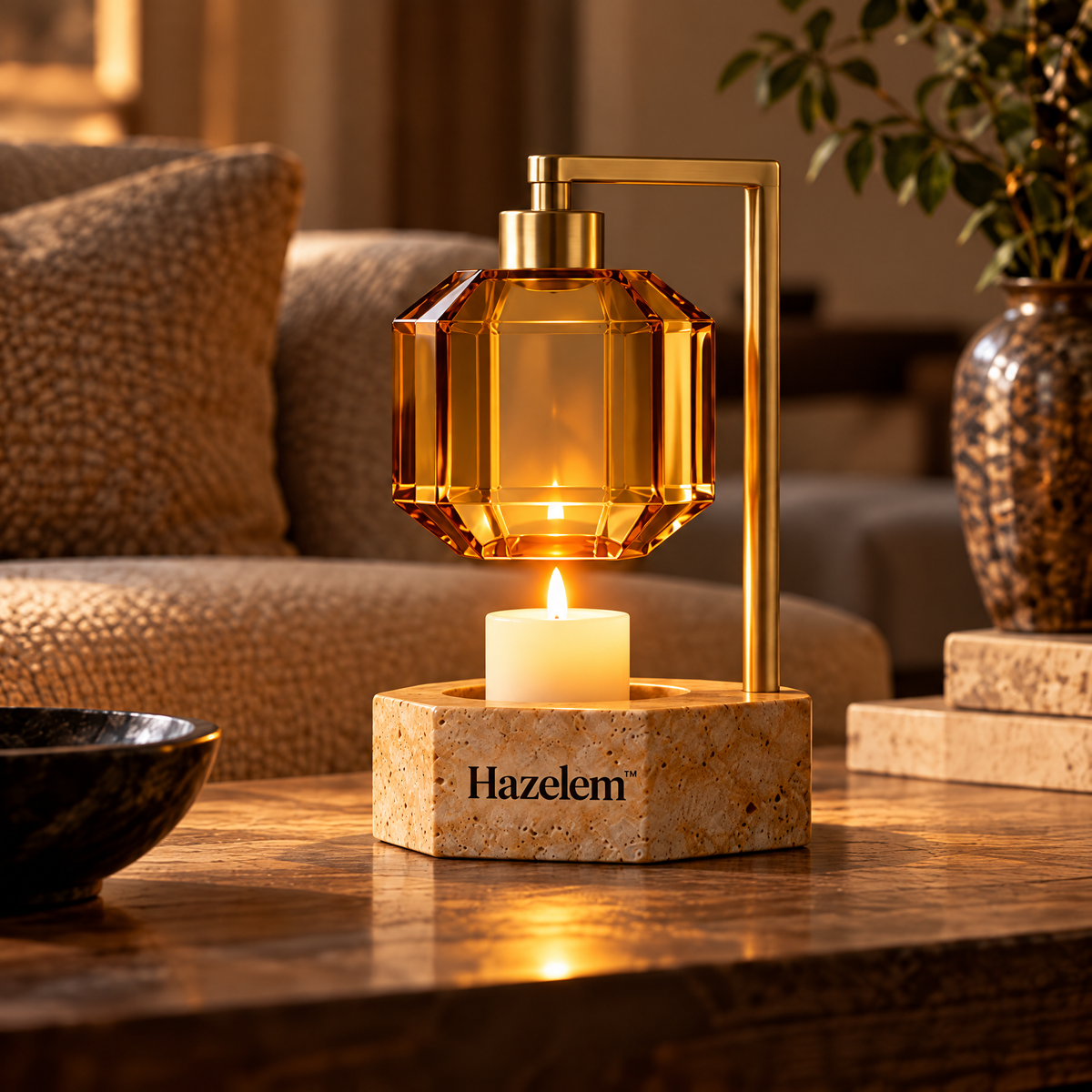 Hazelem™ Citrine Prism – Faceted Honey Glass Candle Holder with Brushed Brass Frame and Ochre Travertine Base