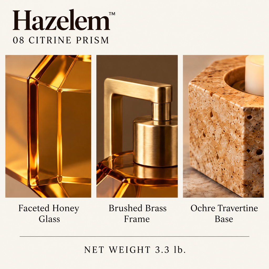 Hazelem™ Citrine Prism – Faceted Honey Glass Candle Holder with Brushed Brass Frame and Ochre Travertine Base