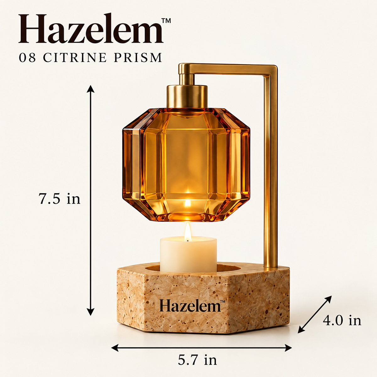 Hazelem™ Citrine Prism – Faceted Honey Glass Candle Holder with Brushed Brass Frame and Ochre Travertine Base