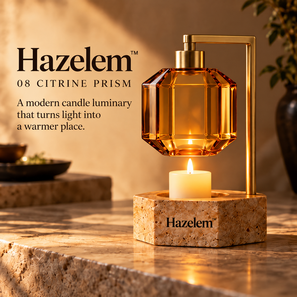 Hazelem™ Citrine Prism – Faceted Honey Glass Candle Holder with Brushed Brass Frame and Ochre Travertine Base