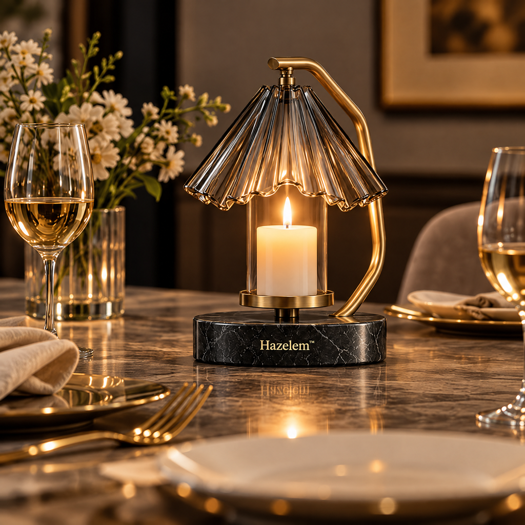 Hazelem™ Vesper Fold – Sculptural Smoked Optical Glass Candle Holder with Brushed Brass Frame and Charcoal Marble Base