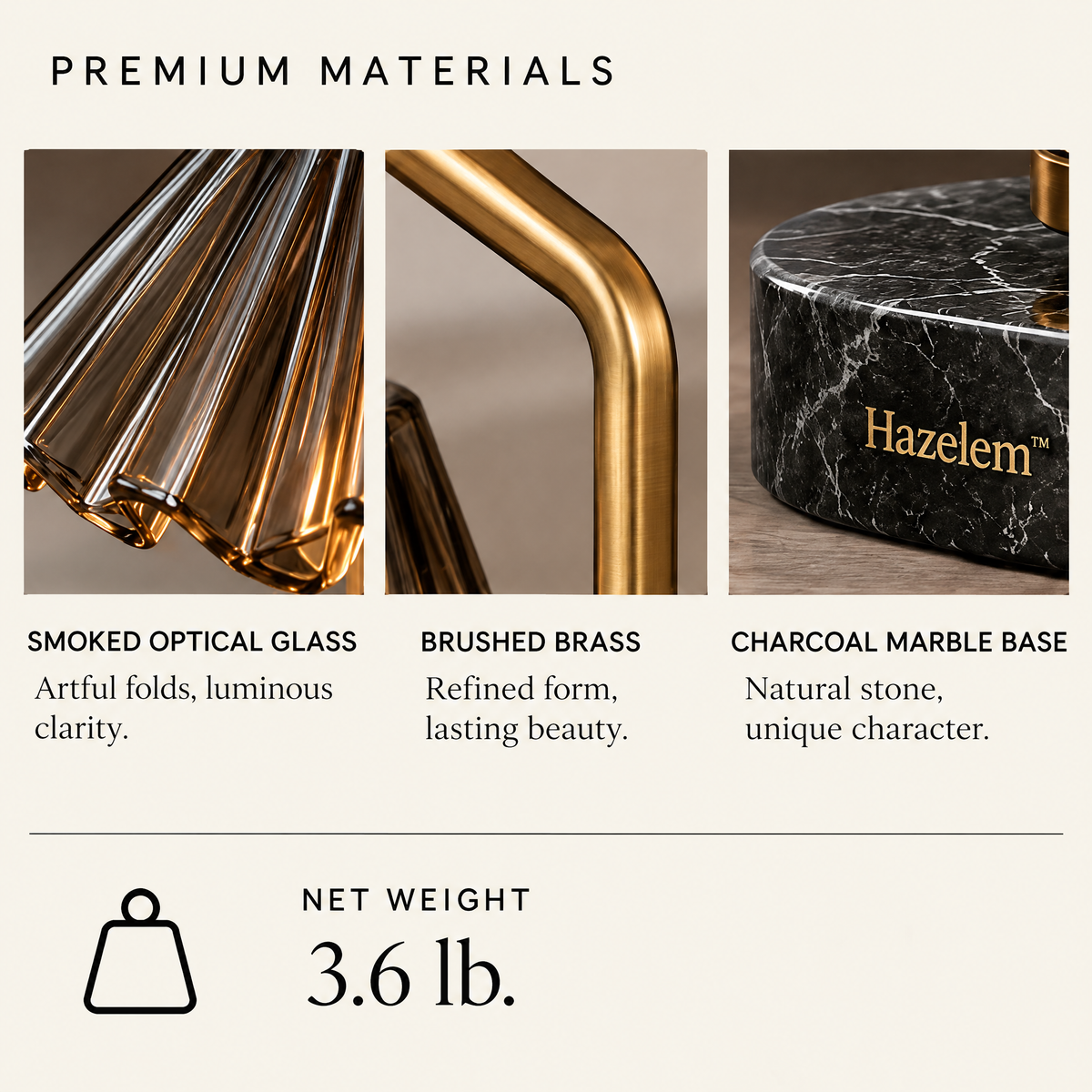 Hazelem™ Vesper Fold – Sculptural Smoked Optical Glass Candle Holder with Brushed Brass Frame and Charcoal Marble Base