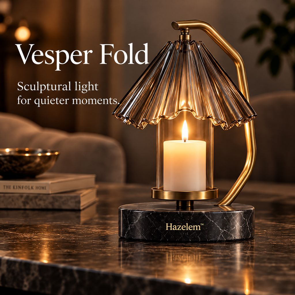 Hazelem™ Vesper Fold – Sculptural Smoked Optical Glass Candle Holder with Brushed Brass Frame and Charcoal Marble Base